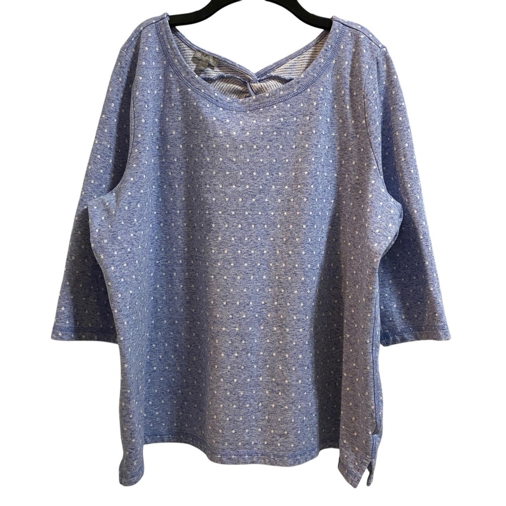 T By Talbots Women's 2XP Petite Blue TWIST BACK DOT JACQUAR Knit Top 3/4 Sleeve